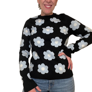 Cynthia Rowley Sweater, Women's M, Black w/ Cute Pale Blue & White Daisy Flowers